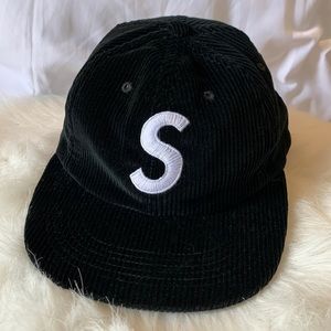 Black Corduroy Cap with White 'S' Lettering